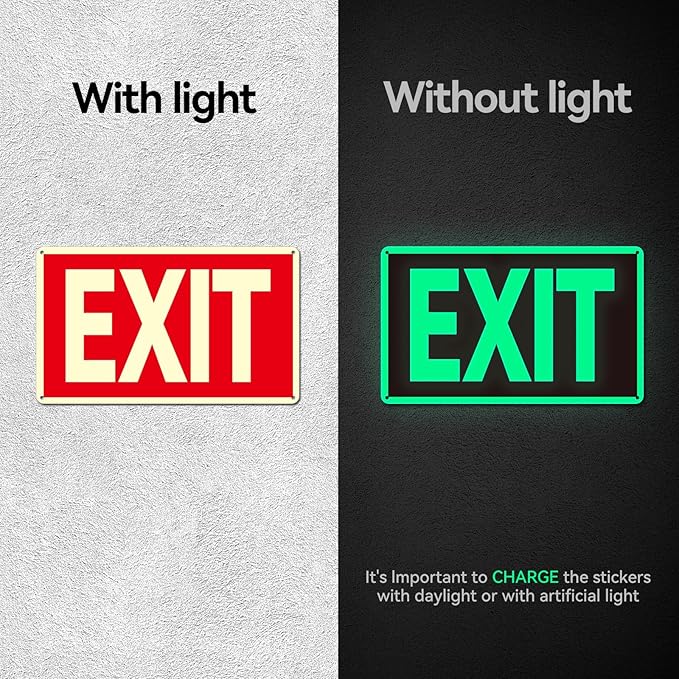 Exit Sign -2 Pack Glow in the Dark Exit Signs Aluminum 12x7 Inch – Photoluminiscent, Laminated for Ultimate UV, Weather & Fade Resistance , Indoor & Outdoor for Business, School, Office, Warehouse,fire exit sign
