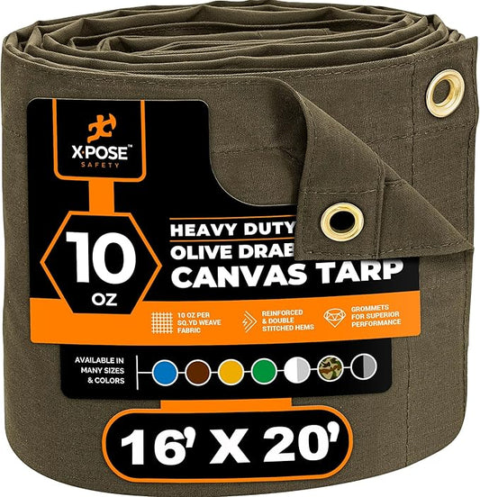 Xpose Safety Canvas Tarp - 10oz Olive Drab Canvas Tarps Heavy Duty Water Resistant with Brass Grommets- Multipurpose Outdoor Tarpaulin for Camping, Canopy, Trailer, Equipment Cover 16' x 20'
