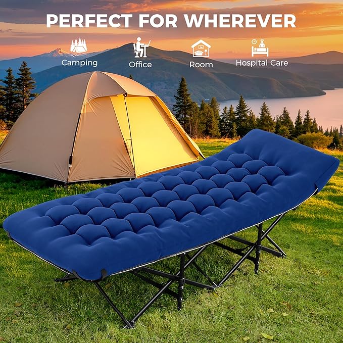 JEAREY 2-Piece Folding Camping Cot for Sleeping, Heavy Duty Camping Cots for Adults with Mattress, 1200D Double Layer Oxford Portable Folding Cot Bed with Carry Bag for Guest, Travel, Hiking, Navy