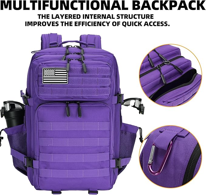 45L Tactical Assault Backpack 3 day assault pack with Molle Waterproof backpack Rucksack for Tactical Backpacks (Purple)