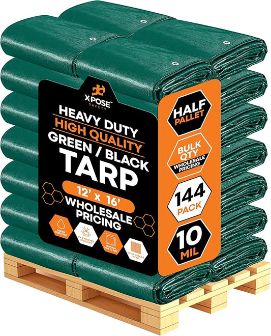 Heavy Duty Poly Tarp 12' x 16' - Bulk Half Pallet (144 Pack) Thick Waterproof, UV Blocking Protective Cover - Reversible Green & Black - 10 Mil Thick Polyethylene - by Xpose Safety