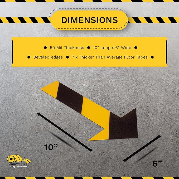 Mighty Line Solid Arrows Directional Sticker Sign Floor Marking Tape for Safety, Caution, Warning, Heavy-Duty, Peel and Stick Adhesive, Industrial Quality, Yellow and Black Chevron, 10"x6", 50 Pack