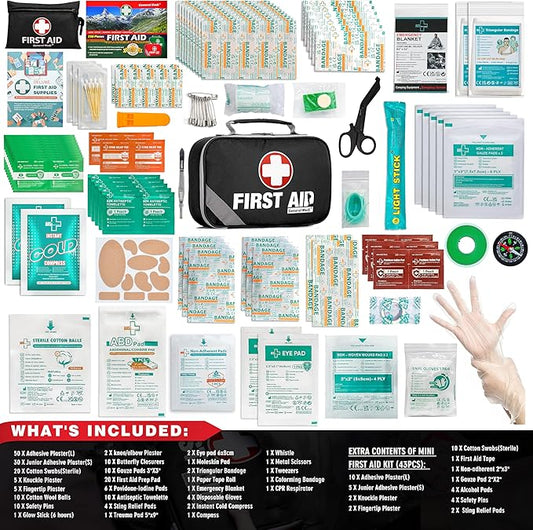 General Medi 2-in-1 First Aid Kit (215 Piece Set) + 43 Piece Mini First Aid Kit -Includes Ice(Cold) Pack, Moleskin Pad and Emergency Blanket for Travel, Home, Office, Car, Workplace(Black)