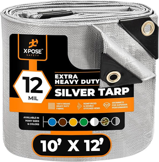 Heavy Duty Silver Poly Tarp 10' X 12' - Multipurpose Protective Cover - Durable, Waterproof, Weather Proof, Rip and Tear Resistant - Extra Thick 12 Mil Polyethylene - by Xpose Safety