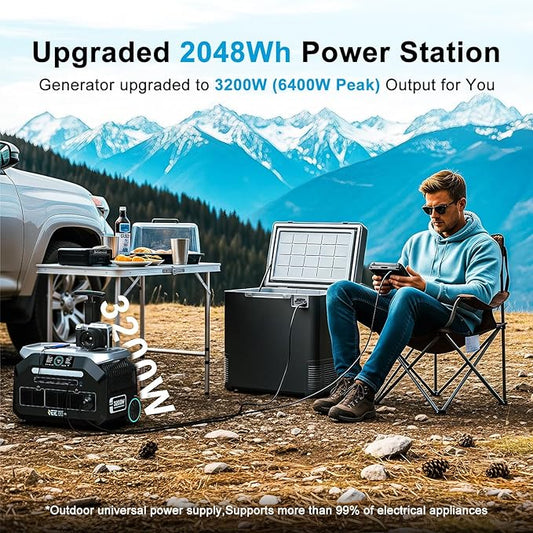 IEE 3200W Solar Generator P3200 with 2x500W Solar Panel, 2048Wh Portable Power Station, 1800W AC Charging, AC Outlets x 4, LiFePO4 Battery Power Station for Home Backup, Camping, RV, Emergency