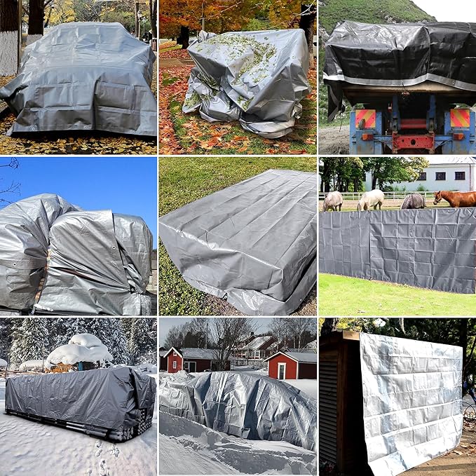STARPYNG-12 Mil Silver/Black 8x10 Feet Tarp-Heavy Duty Poly Tarp-Cover,Waterproof, UV Resistant, Weather Resistant, Cover Cars, Boats, Courtyards,Camping