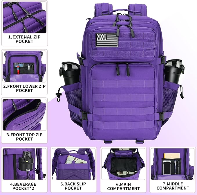 45L Tactical Assault Backpack 3 day assault pack with Molle Waterproof backpack Rucksack for Tactical Backpacks (Purple)