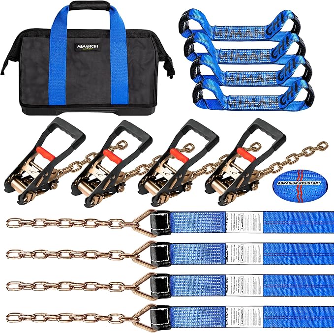 8 Point Roll Back Vehicle Tie Down Kit, with Heavy-Duty Chain Extension on Both Ends, Ratchet Handle - Lockout Kits for Vehicles and Cars Tie Down Straps Tow System - Blue