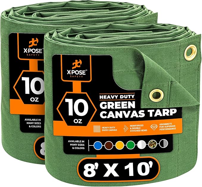 Xpose Safety Canvas Tarp - 10oz Green Canvas Tarps Heavy Duty Water Resistant with Brass Grommets- Multipurpose Outdoor Tarpaulin for Camping, Canopy, Trailer, Equipment Cover 8' x 10' (2 Pack)