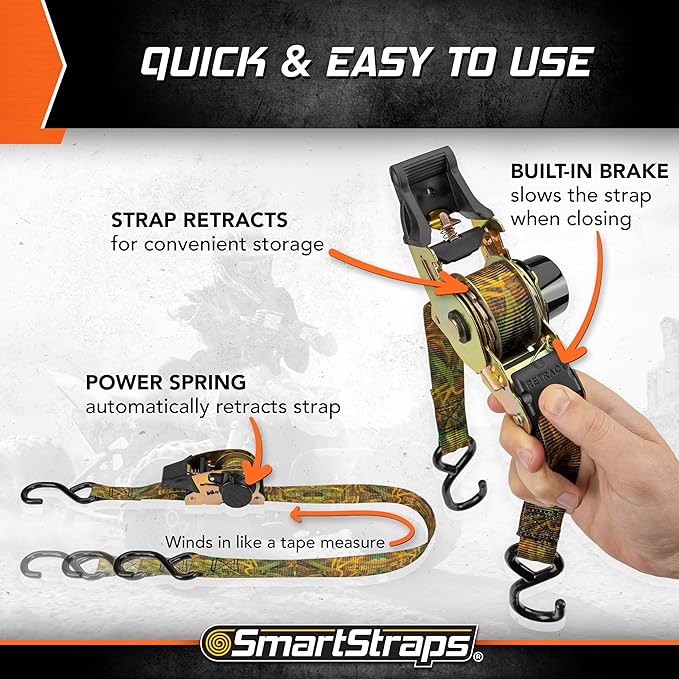 SmartStraps 10’ Retractable Ratchet Straps, 2 Pack — Heavy Duty Camo Ratchet Straps, 3,000lb Break Strength, 1,000lb Safe Work Load — Haul Motorcycles, Boats, and Appliances with Patented Technology