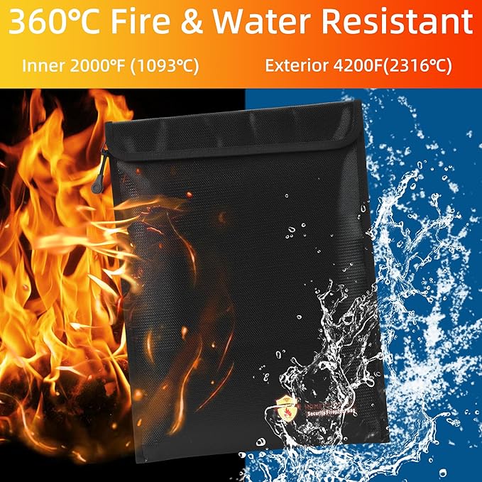 2 Pcs Fireproof Document Bag (15 x 11 inch), Waterproof Fireproof Money Bag for Cash with Zipper, Fire Safe Envelope Bag for Cash, Valuables, Legal Documents