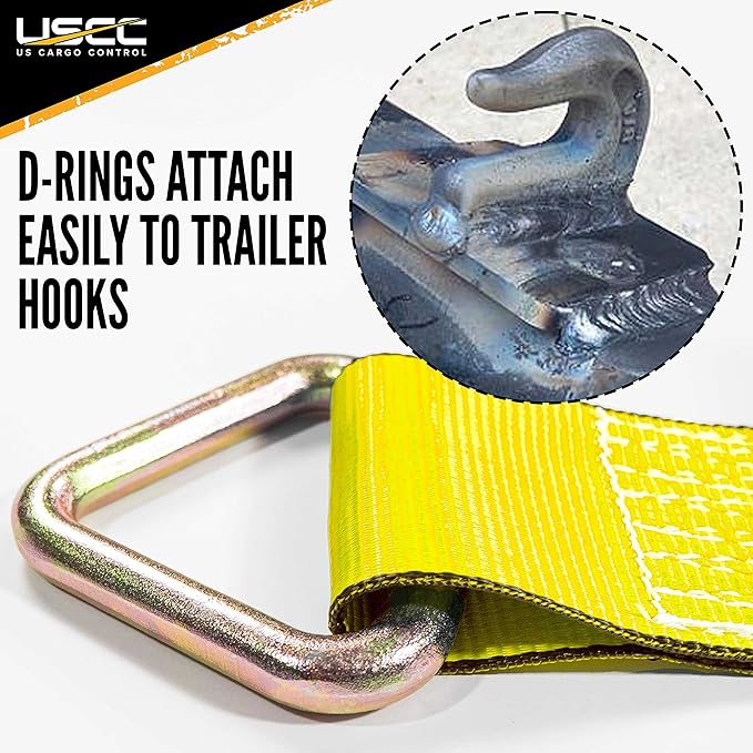 US Cargo Control 4 Inch Winch Strap with D-Ring Fitting, 27 Feet Long, Heavy Duty Trailer Winch Strap for Safe Cargo Securement, Zinc-Coated D-Ring for Easy Attachment, Yellow, 2-Pack