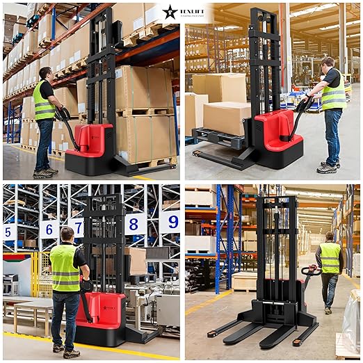 Full Electric Forklift Walkie Pallet Stacker 3300 Lb Capacity 118 Inch Lifting Height and Full Electric Power Pallet Jack 3300 Lb Capacity 48” L x 27” W Fork Size