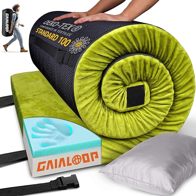 3 Inch Memory Foam Camping Mattress, Dual Layer Thick Sleeping Camp Pad for Car Tent Cot, Roll-Up Portable Glamping Floor Bed for Guests Sleepover