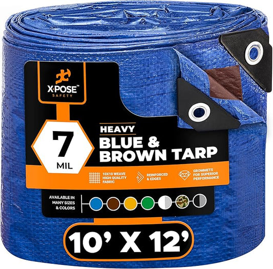 Xpose Safety 10’ x 12’ Heavy Blue/Brown Tarp - Waterproof - 7 Mil Weatherproof Camping Tarp for Tent, Rain, Wind & Sun - Plastic Tarpaulin Cover Outdoor for Roof, Trailer, RV, Car, Boat