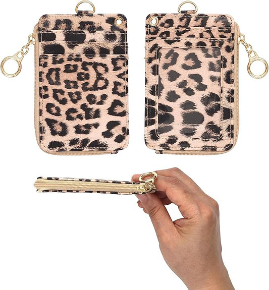 2-in-1 ID Badge Holder & Lanyard Wallet - Multi-Use Womens Small Wallet with Removable Wristlet & Neck Lanyard, Clear Window, 5 Card Slots, Phone Holder, Ring Keychain - Leopard