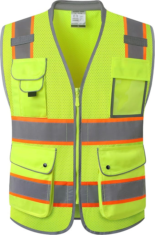 JKSafety 9 Pockets Hi-Vis Safety Vest Breathable Mesh Fabric Cushioned Collar Work Utility PPE Lightweight Industrial Work Gear ANSI/ISEA compliant (101-Yellow L)