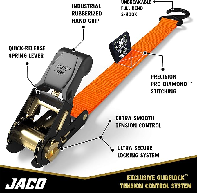 JACO Ratchet Tie Down Straps - 1 inch x 15 ft (Pack of 4) | 1,823 lbs (Orange)