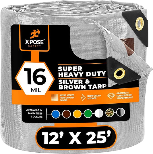 12' x 25' Super Heavy Duty 16 Mil Silver/Brown Poly Tarp Cover - Thick Waterproof, UV Resistant, Rip and Tear Proof Tarpaulin with Grommets and Reinforced Edges - by Xpose Safety