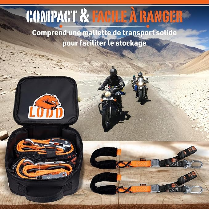 LODD - Motorcycle Tie Down Straps with Swivel Carabiner, Heavy-Duty Buckles, Fur Protection, Reinforced Buckle | 2,400 lbs, 1.5" | Trailer Securing for Dirt Bike, Enduro, Trial, Quad, Trail