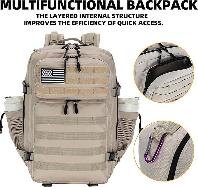 45L Tactical Assault Backpack 3 day assault pack with Molle Waterproof backpack Rucksack for Tactical Backpacks (Light Khaki)