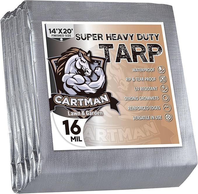CARTMAN Finished Size 14x20 Feet Extra Thick 16 Mil Ultra Heavy Duty Poly Tarp, Multipurpose Protective Cover, UV Resistant, Waterproof Poly Tarpaulin with Reinforced Edges