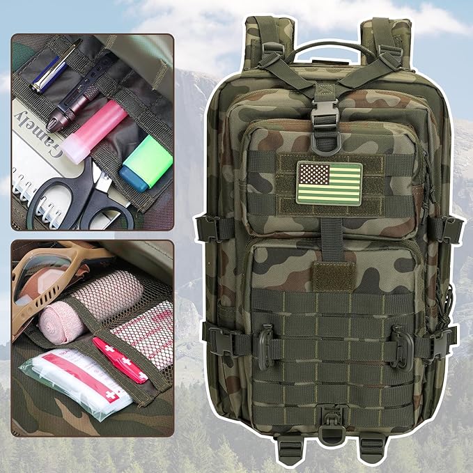 MOLLE Assault Backpack, Tactical Backpack Military Army Camping Rucksack, 3-Day Pack Trip w/USA Flag Patch, D-Rings, Polish Camo