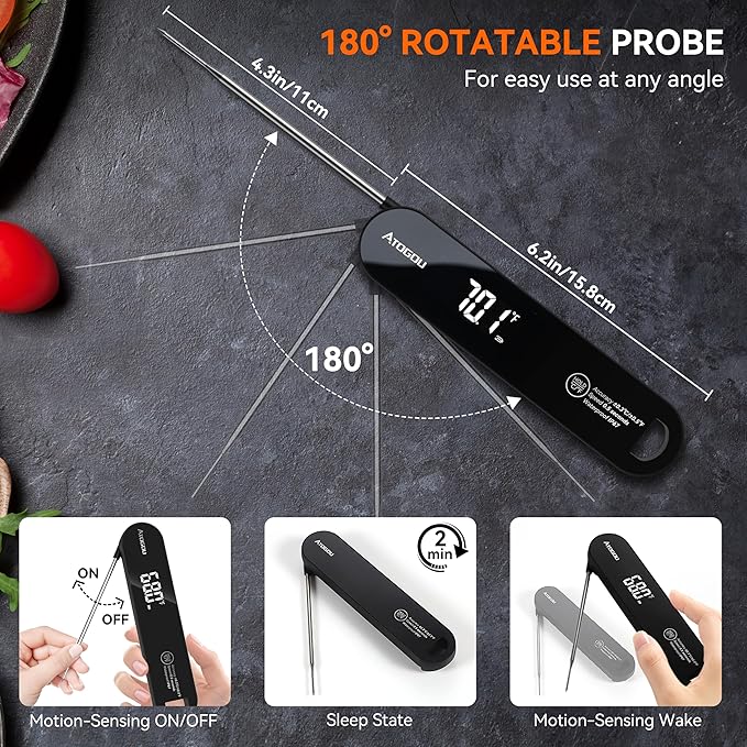 Atogou The Latest Thermocouple Food Thermometer. Faster: <1 Second Response time. More Accurate: ±0.5°F (0.3°C), IPX7 Waterproof, for Meat/Candy/Grill/BBQ etc. TH-22 Black