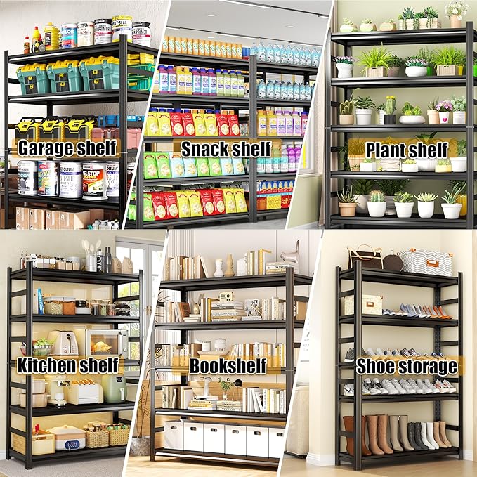 Storage Shelves, Garage Metal Shelving Unit, Adjustable, Double-Layer Column with Reinforced Ribs, Heavy-Duty, Capable of Bearing 600-3600 lbs (Black, 45''W*20''D*77''H, 5-Tier)