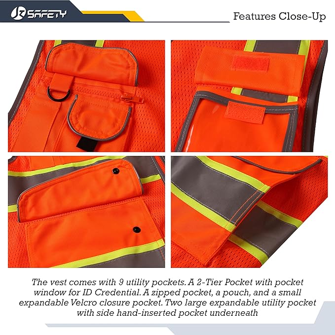JKSafety 9 Pockets Hi-Vis Reflective Safety Vest | Mesh Fabric | Fluorescent Orange Color with Neon Yellow Extended Trims | ANSI/ISEA Compliance (100-Orange, L)