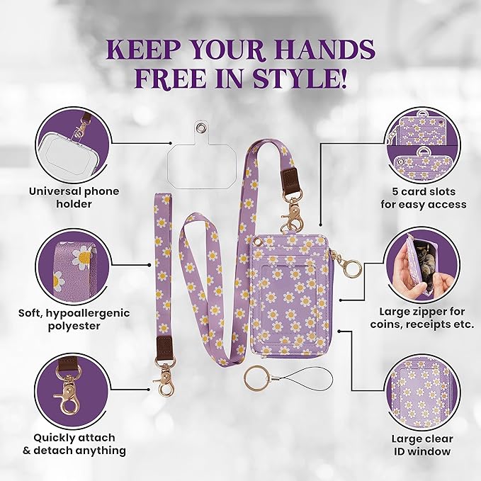 2-in-1 ID Badge Holder & Lanyard Wallet - Multi-Use Womens Small Wallet with Removable Wristlet & Neck Lanyard, Clear Window, 5 Card Slots, Phone Holder, Ring Keychain - Purple Daisies