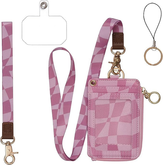 2-in-1 ID Badge Holder & Lanyard Wallet - Multi-Use Womens Small Wallet with Removable Wristlet & Neck Lanyard, Clear Window, 5 Card Slots, Phone Holder, Ring Keychain - Y2K Checker