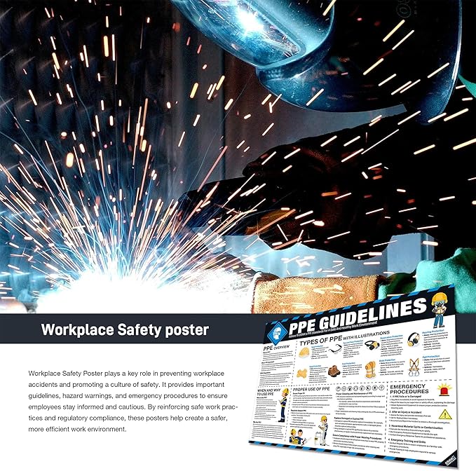 PPE Safety Poster 18"x24", OSHA Compliant Personal Protective Equipment (PPE) Guide for Workplace & Construction, Protective Gear Usage, Eye, Ear & Respiratory Safety Sign Tear-Resistant