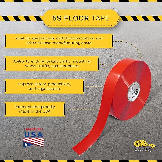 Mighty Line Solid Floor Marking Tape for Safety, Caution, Warning, Heavy-Duty, Peel and Stick Adhesive, Beveled Edge Design, Industrial Quality, 2 inch, 100' Roll, Red