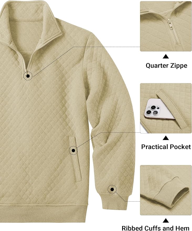COOFANDY Mens Quarter Zip Pullover Quilted Sweatshirt Knit Long Sleeve Mock Neck Sweater Polo with Pocket