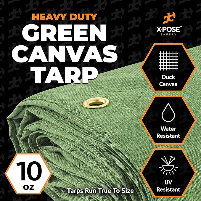 Xpose Safety Canvas Tarp - 10oz Green Canvas Tarps Heavy Duty Water Resistant with Brass Grommets- Multipurpose Outdoor Tarpaulin for Camping, Canopy, Trailer, Equipment Cover 12' x 20'