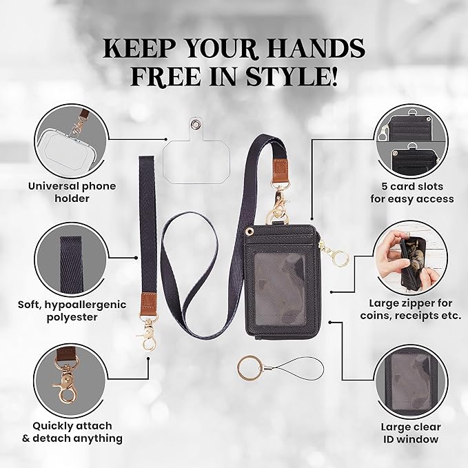 2-in-1 ID Badge Holder & Lanyard Wallet - Multi-Use Womens Small Wallet with Removable Wristlet & Neck Lanyard, Clear Window, 5 Card Slots, Phone Holder, Ring Keychain - Black