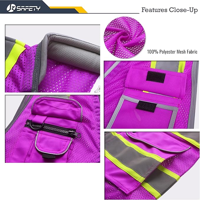 JKSafety 9 Pockets Hi-Vis Safety Vest High Visibility Reflecitive Mesh Safety Vests for Men and Women Cushioned Collar Work Utility PPE Work Gear ANSI/ISEA compliant(101-Purple XL)