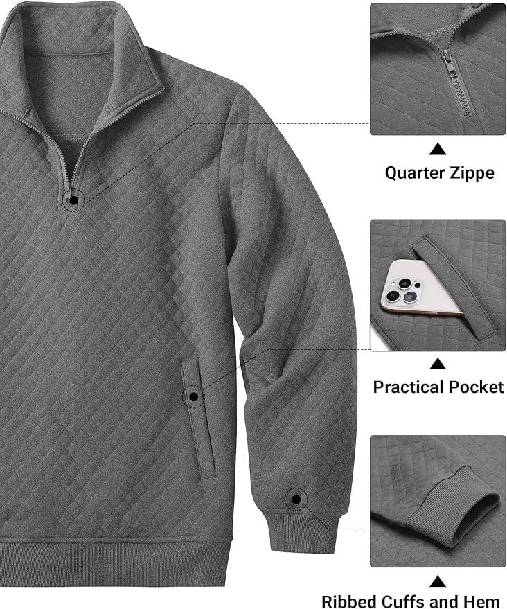 COOFANDY Mens Quarter Zip Pullover Quilted Sweatshirt Knit Long Sleeve Mock Neck Sweater Polo with Pocket