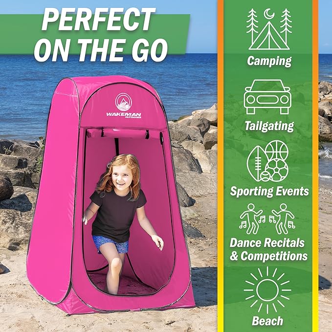 Wakeman Kid Size Pop Up Changing Tent, 3 x 3 x 5.2ft, Mini Camping Shower Tent, Portable Toilet Stall, or Dressing Room for Beach, Dance Recitals, or Sports with Carry Bag, Polyester, Pink