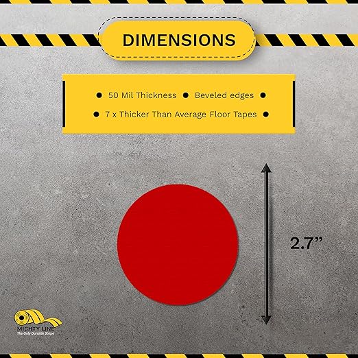 Mighty Line 2.7" Solid Dot Shaped Floor Marking Tape for Safety, Caution, Warning, Heavy-Duty, Peel and Stick, Adhesive Circle Spots, Industrial Quality, Red, Pack of 100