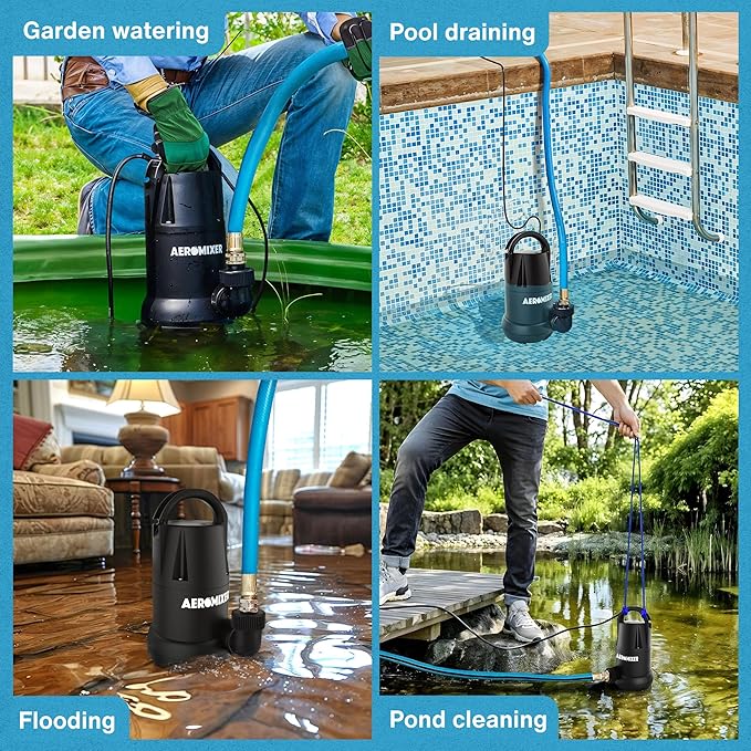 Aeromixer 1 HP Transfer Pump - Submersible Water Pumps, Sump Pump for Pool Draining, Portable Electric Garden Utility Pumps 5120 GPH, Heavy Duty Outdoor Water Flow System for Farming and Gardening