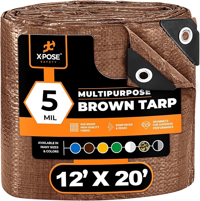 Multipurpose Protective Cover Brown Poly Tarp 12' x 20' - Durable, Water Resistant, Weather Resistant - 5 Mil Thick Polyethylene - by Xpose Safety