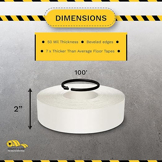 Mighty Line UltraLine Solid Floor Marking Tape for Safety, Caution, Warning, Heavy-Duty, Peel and Stick Adhesive, Beveled Edge Design, Industrial Quality, 2 Inch, 100' Roll, White