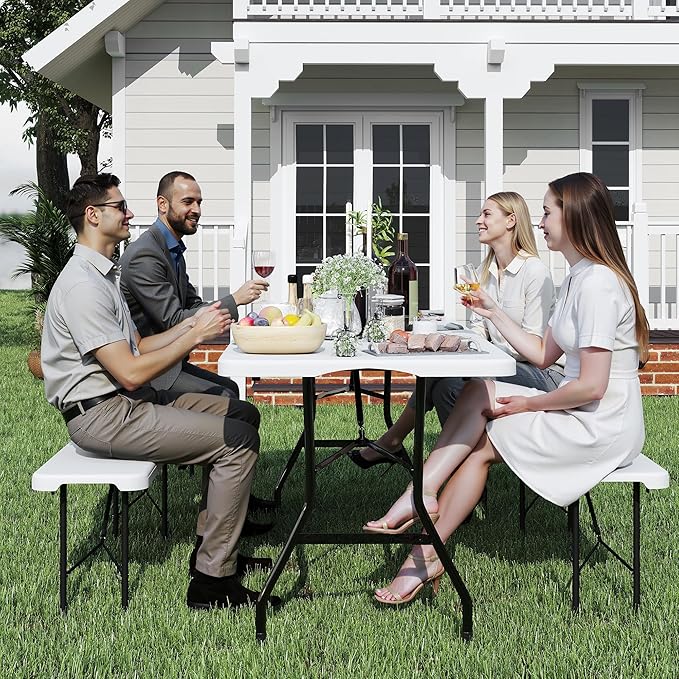 6 FT White Picnic Folding Table Set with 2 Benches, Portable Patio Dining Sets for Backyard, Lawn, Event, Party, Camping
