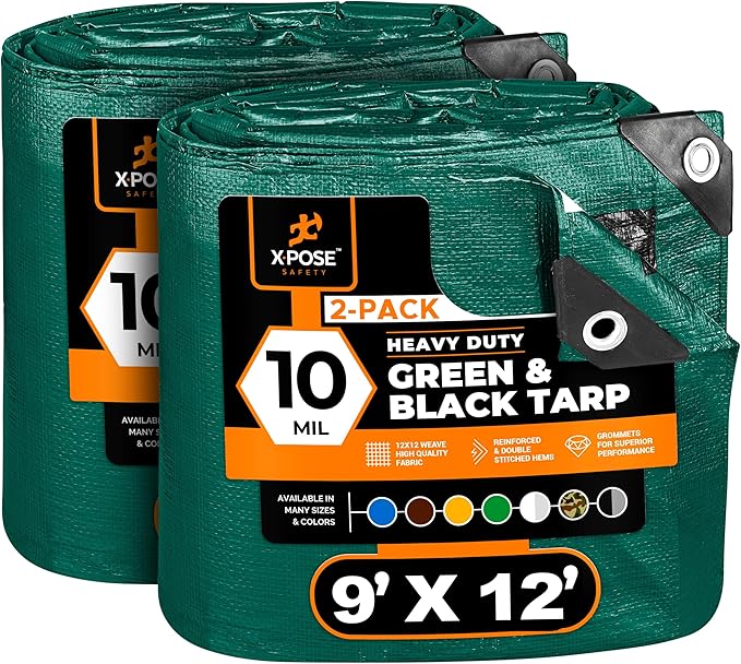 Heavy Duty Poly Tarp - 9' x 12' (2-Pack) - 10 Mil Thick Waterproof, UV Blocking Protective Cover - Reversible Green and Black - Laminated Coating - Grommets - by Xpose Safety