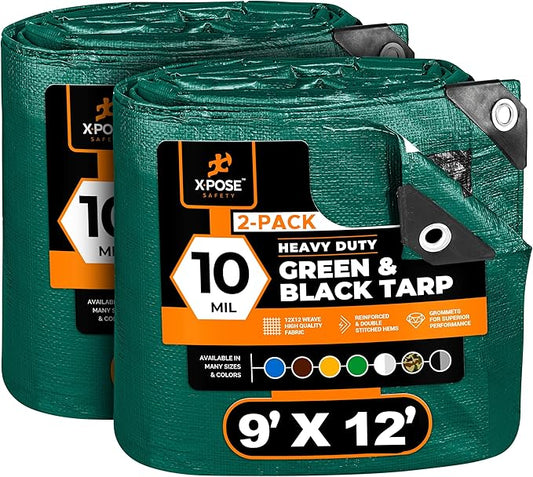 Heavy Duty Poly Tarp - 9' x 12' (2-Pack) - 10 Mil Thick Waterproof, UV Blocking Protective Cover - Reversible Green and Black - Laminated Coating - Grommets - by Xpose Safety