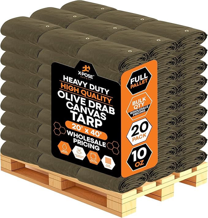 Xpose Safety 10oz Olive Drab Canvas Tarps 20' x 40' – Bulk Full Pallet (20 Packs) – Multipurpose Heavy Duty Water-Resistant Tarpaulin with Brass Grommets for Camping, Canopy & Equipment Protection