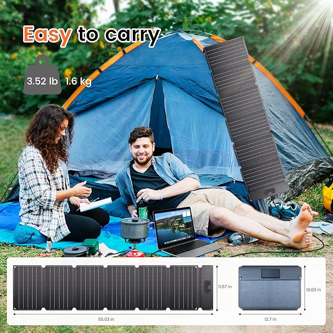 54W Portable Solar Panel, EFTE Foldable Solar Panel Charger IP65 Waterproof with 3 Outputs USB-A Type-C DC for Camping Hiking RV Outdoor Compatible with Mobile Phones Power Bank Camping Lamps