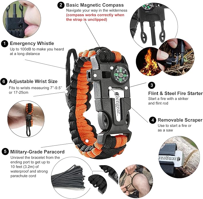 aZengear Paracord Survival Bracelet (2 Pack) | Flint Steel Fire Starter, Whistle, Compass, Mini Saw | Adjustable Wrist Band Size for Camping, Bushcraft, Emergency Kit (Black & Orange)